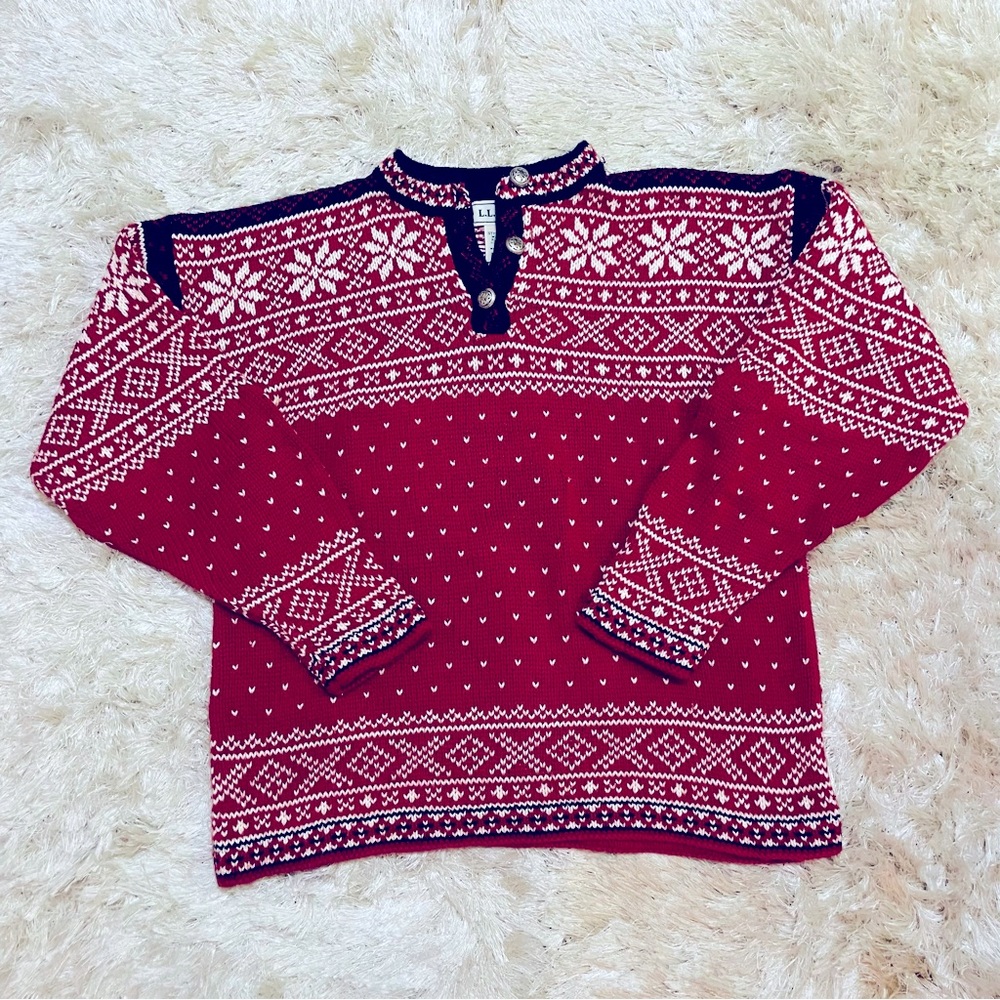 L.L. Bean Red and White Nordic Button-Neck Sweater